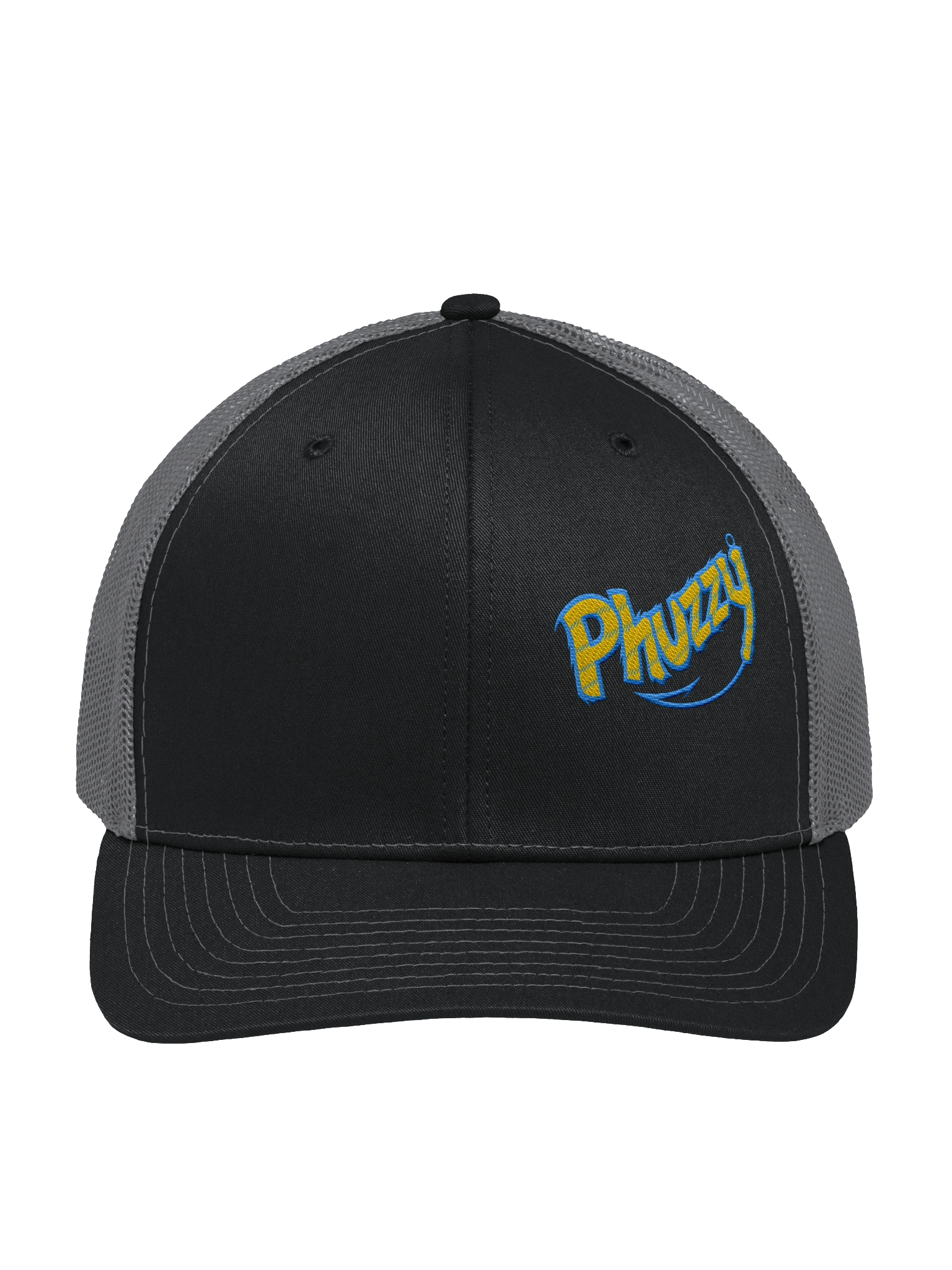 Black and gray Phuzzy trucker hat with blue and gold embroidery