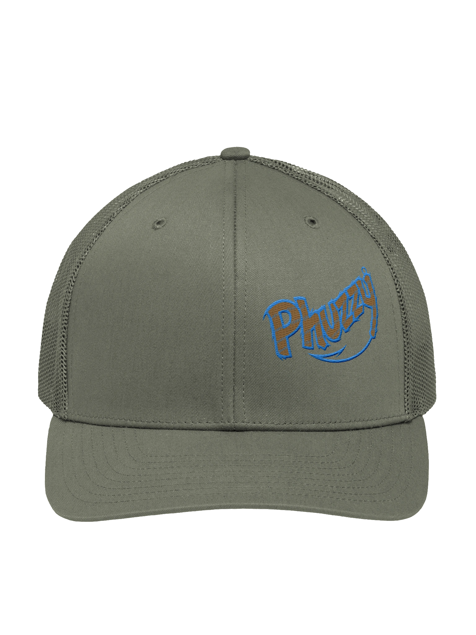 Olive Phuzzy trucker hat with blue embroidery