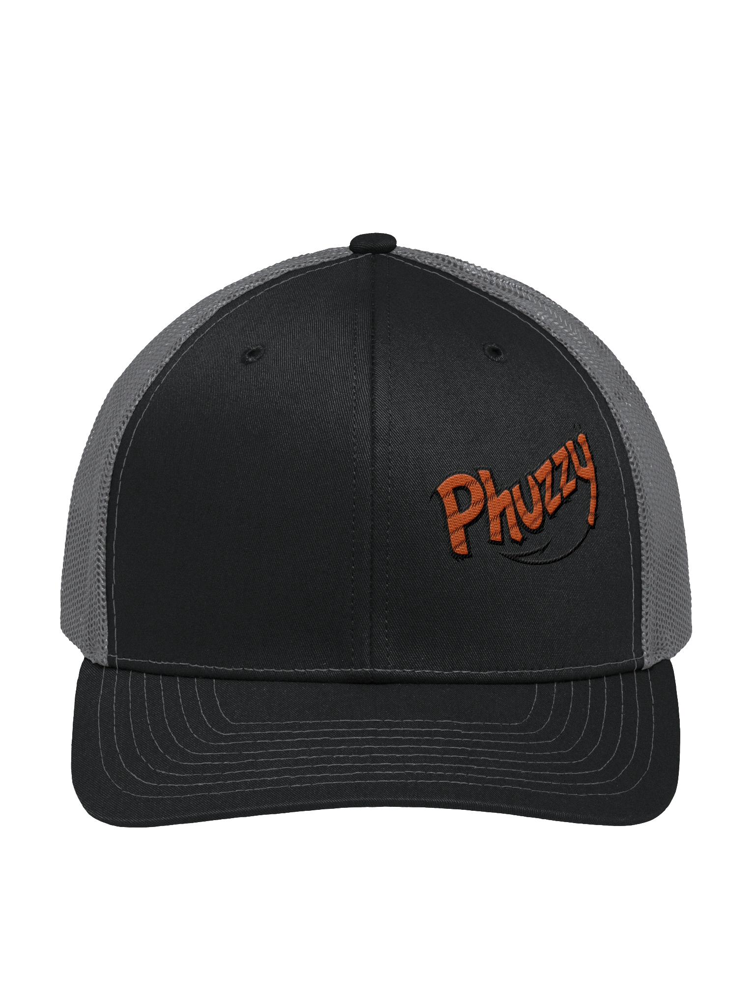 Black and gray Phuzzy trucker hat with orange embroidery